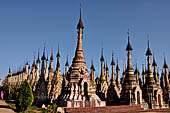 Rows of stupas in the Kakku (Kekku) Pagoda complex. The complex was kept hidden from the rest of the world until 2002 when it was opened to foreigners. Shan State, Burma (Myanmar). 